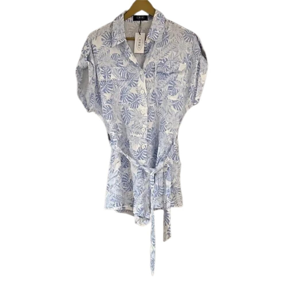 NWT Cider Blue Leaf Print Tie Front Top Button Down Coastal Chic Blouse Summer